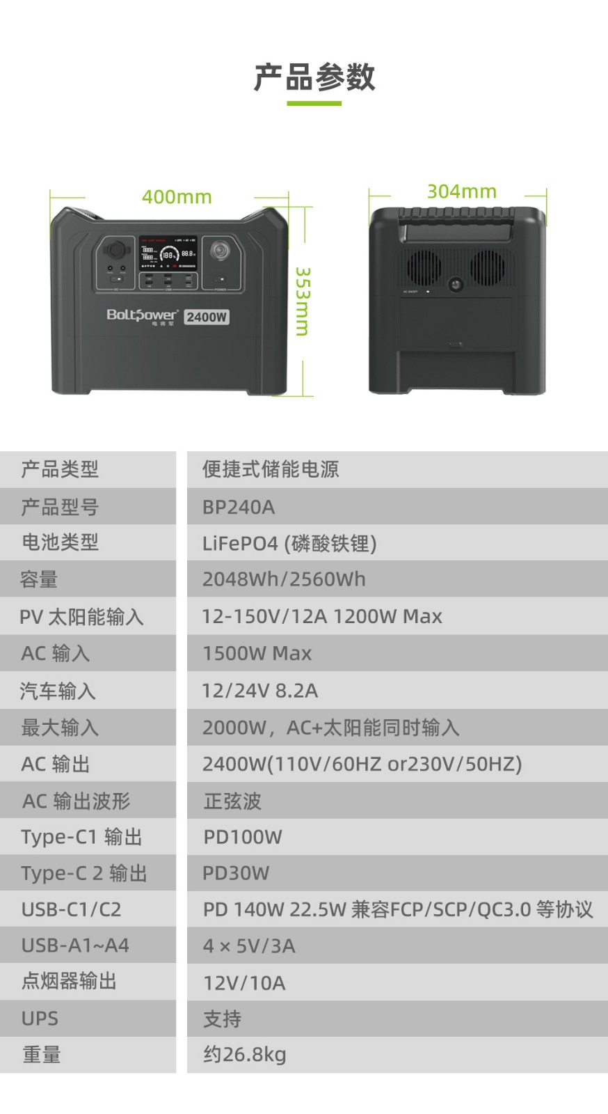 Boltpower電將軍BP240A 大容量2400W雙向快充戶外儲能電源_04